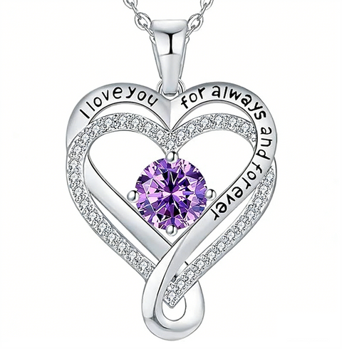 Sterling Silver 12 Month Birthstone Double Heart Pendant Necklace  Engraved with I Love You for Always and Forever