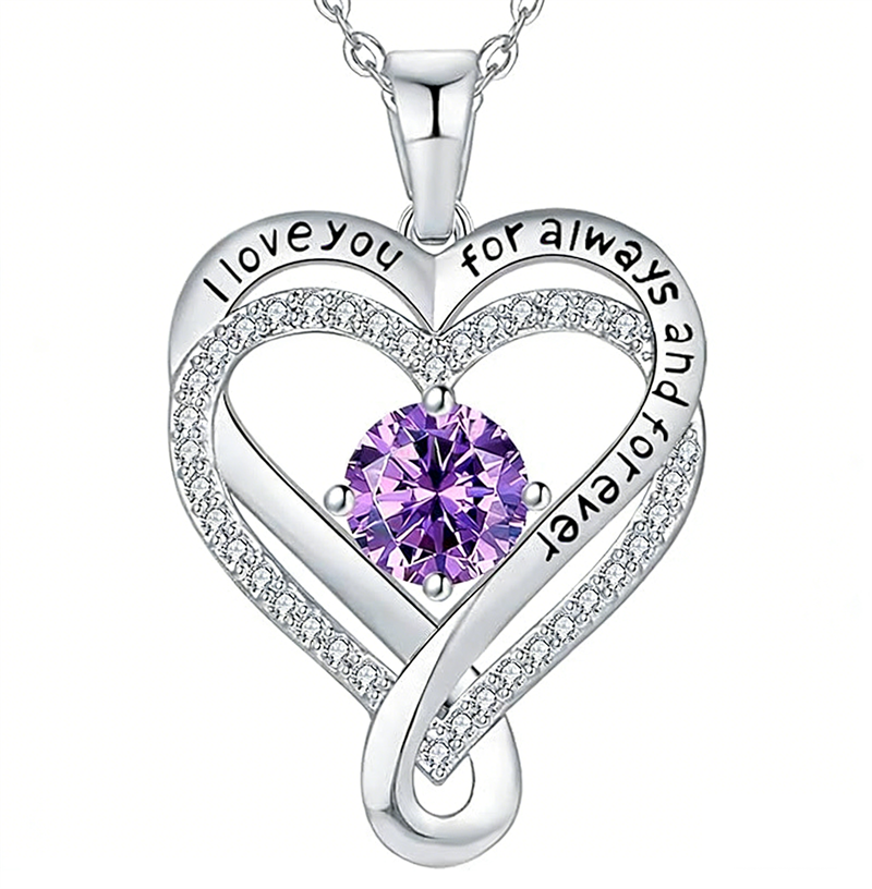 Sterling Silver 12 Month Birthstone Double Heart Pendant Necklace  Engraved with I Love You for Always and Forever