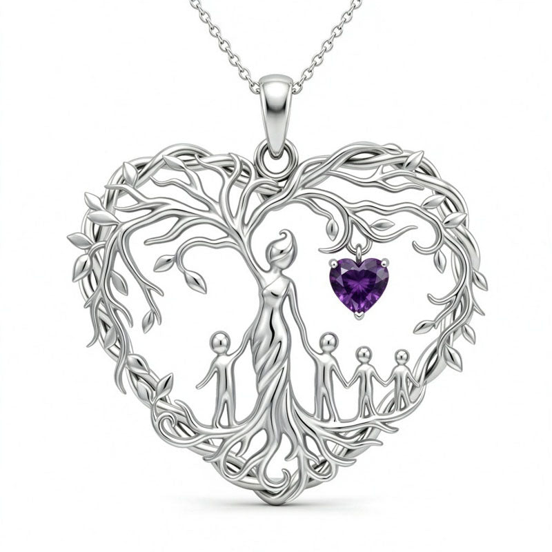Sterling Silver Heart Pendant Birthstone Tree of Life Mother Child Family Necklace