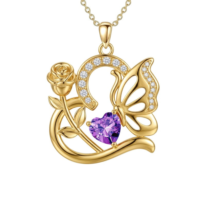 14K Gold Plated Heart Birthstone Rose Mom Butterfly Pendant Necklace for Women