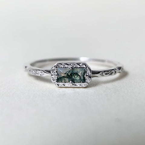 Sterling Silver Natural Moss Agate Wedding Ring with Opal, Blue Topaz, Baguette, and Cubic Zirconia