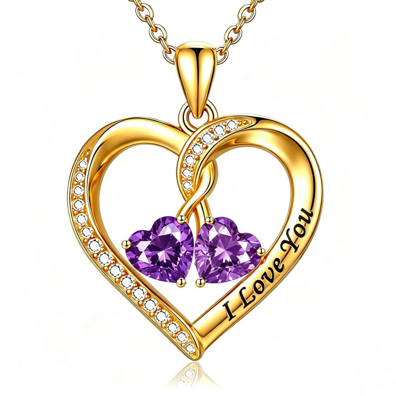 14K Gold Plated Double Heart Birthstone Rose Pendant Necklace for Women