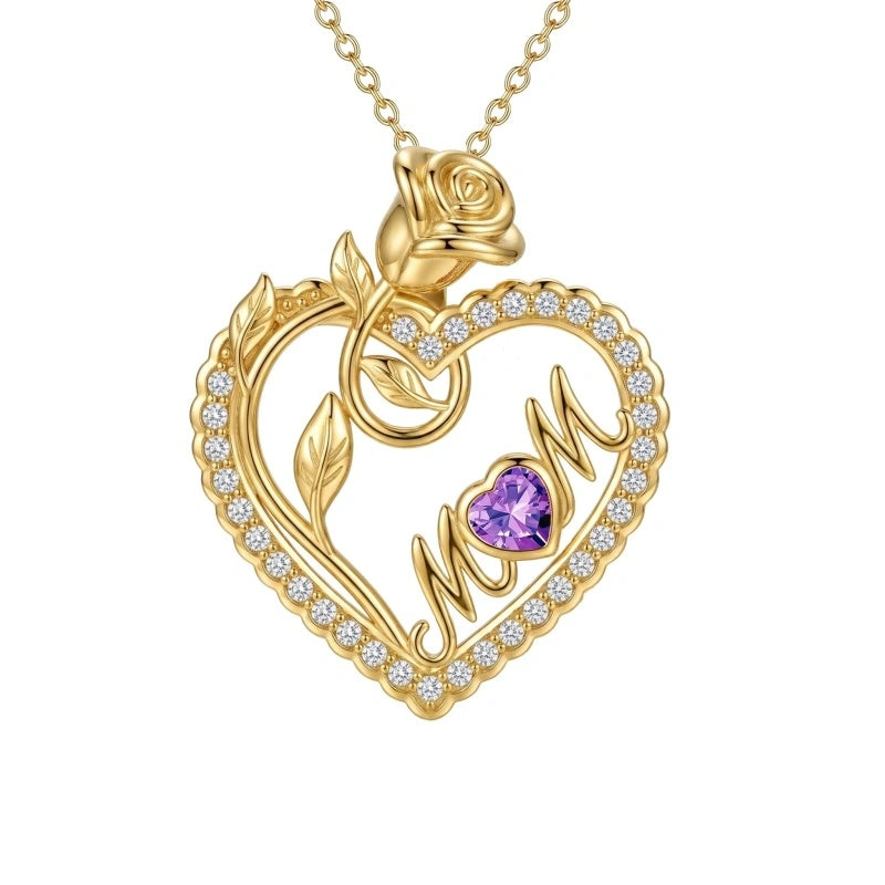 14K Gold Plated Heart Birthstone Rose Mom Butterfly Pendant Necklace for Women