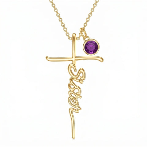 14K Gold Plated Birthstone Sister Cross  Pendant Necklace
