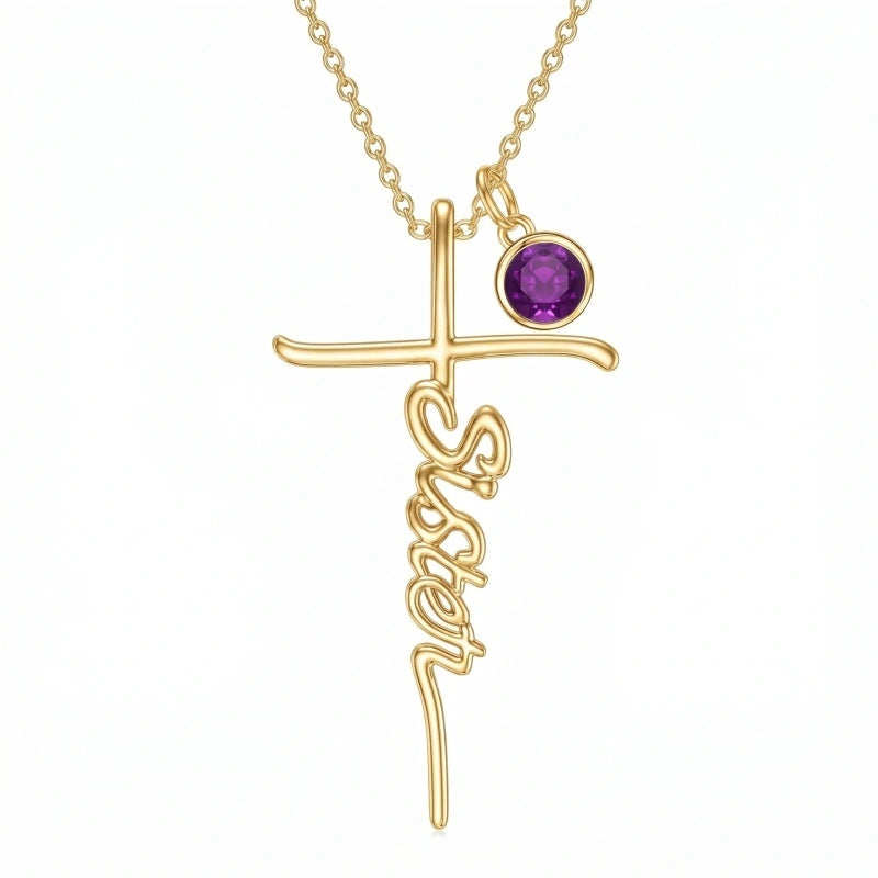 14K Gold Plated Birthstone Sister Cross  Pendant Necklace