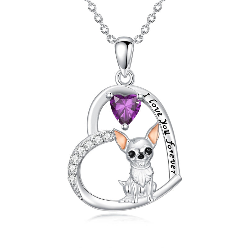 Sterling Silver 12 Month Birthstone Schnauzer Chihuahua Pitbull Pug Pendant Necklace for Women