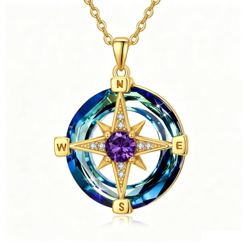 14K Gold Plated Crystal Compass Pendant Necklace Graduation Jewelry Inspirational Travel Valentine's Day Gift