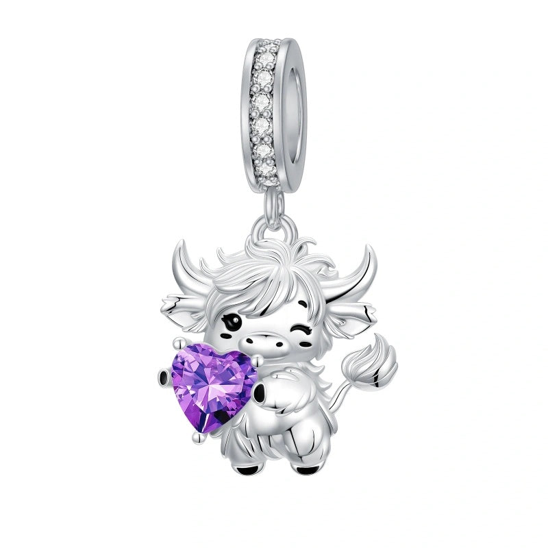 Sterling Silver 12 Month Birthstone Highland Cow Charm Beads