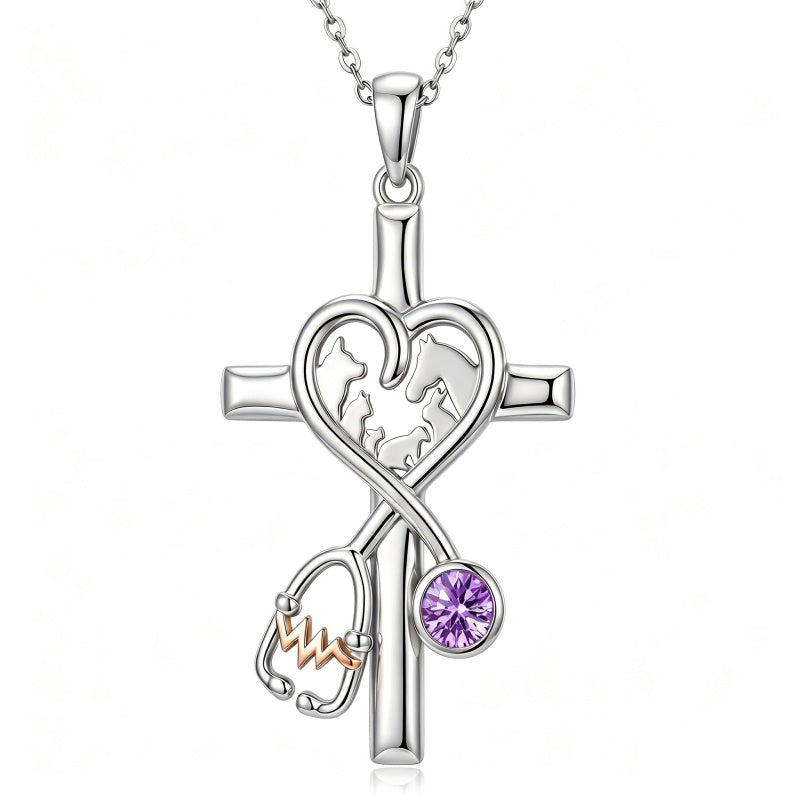 14K Gold Plated  Birthstone Stethoscope Cross Necklace Graduation Gifts for Women RN