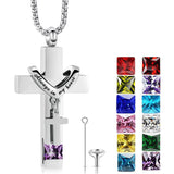 Stainless Steel Birthstones Cross Urn Necklaces for Ashes