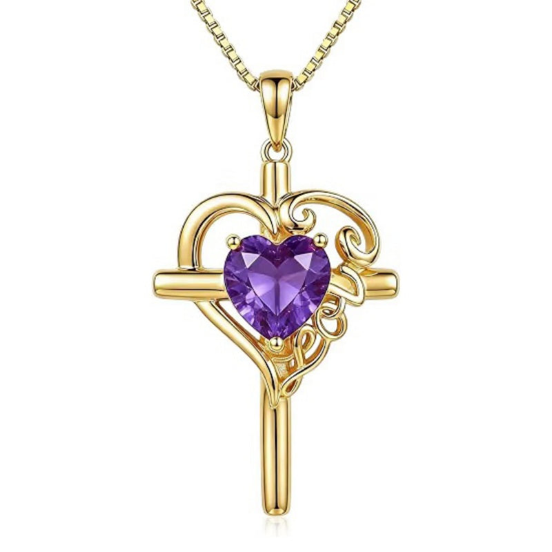 14K Gold  Plated Heart Shape Birthstone  Love Cross Necklace for Women Religious Jewelry