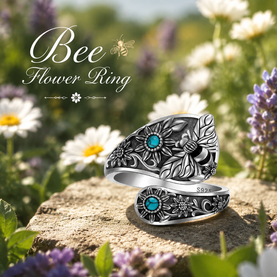 Sterling Silver Turquoise Hummingbird Butterfly Sunflower Adjustable Spoon Ring