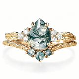 Sterling Silver 2CT Moss Agate  Engagement Wedding Ring Sets for Women