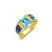 Sterling Silver Square Sapphire with Opal Gemstone Wedding Ring for Men