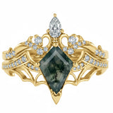 Sterling Silver 10K 14K  18K Gold Personalized Engraved Moss Agate Gothic Promise Wedding Engagement Black Ring Set
