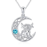 Sterling Silver 12 Months Birthstone Highland Cow Pendant Necklace