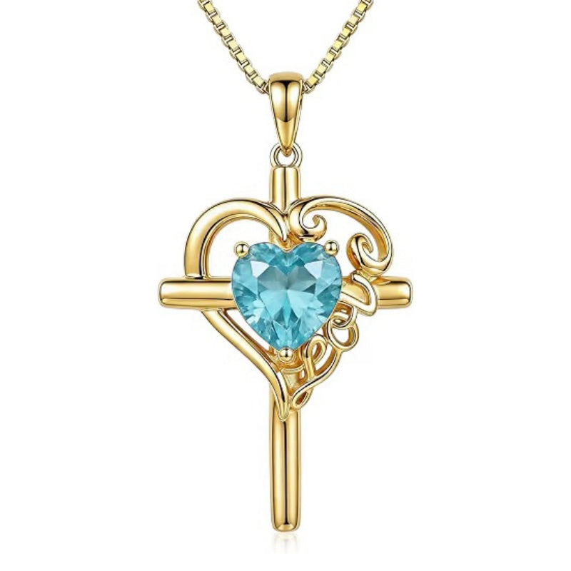 14K Gold  Plated Heart Shape Birthstone  Love Cross Necklace for Women Religious Jewelry