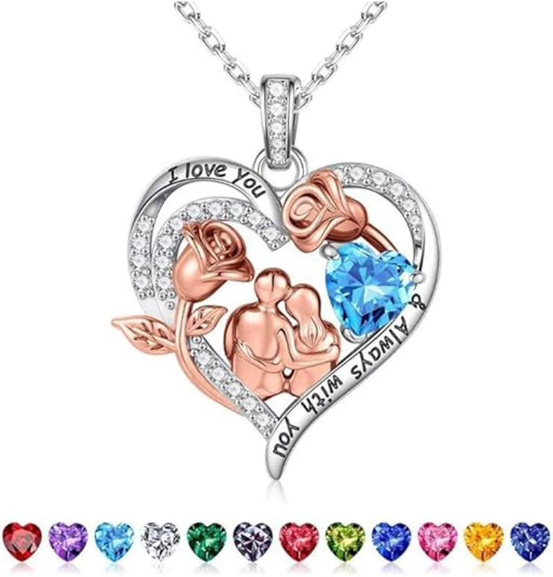 Sterling Silver Heart Birthstone Couple Hugging Necklace for Women Valentine's Day Gift