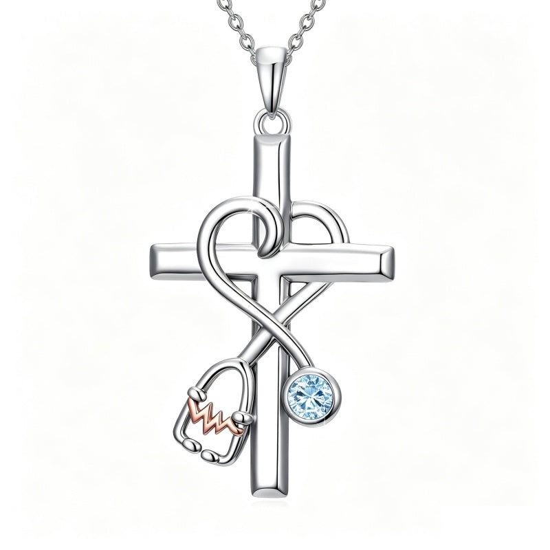 14K Gold Plated  Birthstone Stethoscope Cross Necklace Graduation Gifts for Women RN