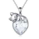 Sterling Silver Heart Birthstone Cat Pendant Necklace