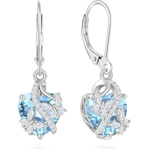 Sterling Silver Heart Birthstone Butterfly Leverback Earrings