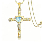 14K Gold Plated Heart Cut Cubic Zirconia Cross  Pendant Necklace For Women Religious Faith Jewelry