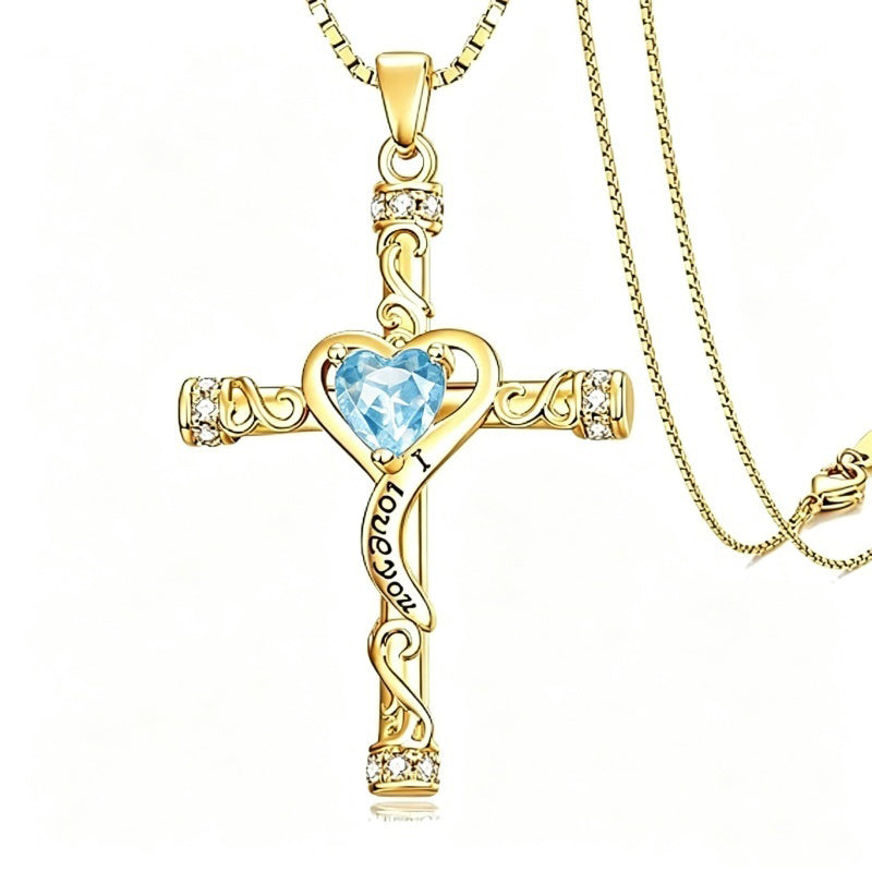 14K Gold Plated Heart Cut Cubic Zirconia Cross  Pendant Necklace For Women Religious Faith Jewelry