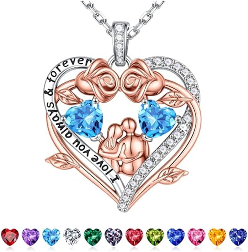 Sterling Silver Heart Birthstone Couple Hugging Necklace for Women Valentine's Day Gift