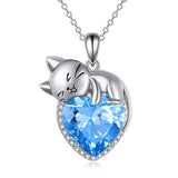 Sterling Silver Heart Birthstone Cat Pendant Necklace