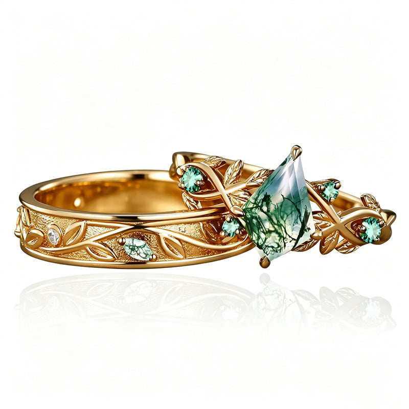 Sterling Silver 10K 14K 18K Gold Natural Leaf  Moss Agate Engagement Anniversary Couple Ring Sets