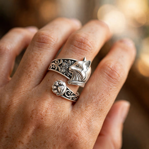 Sterling Silver Cat Adjustable Spoon Ring for Women