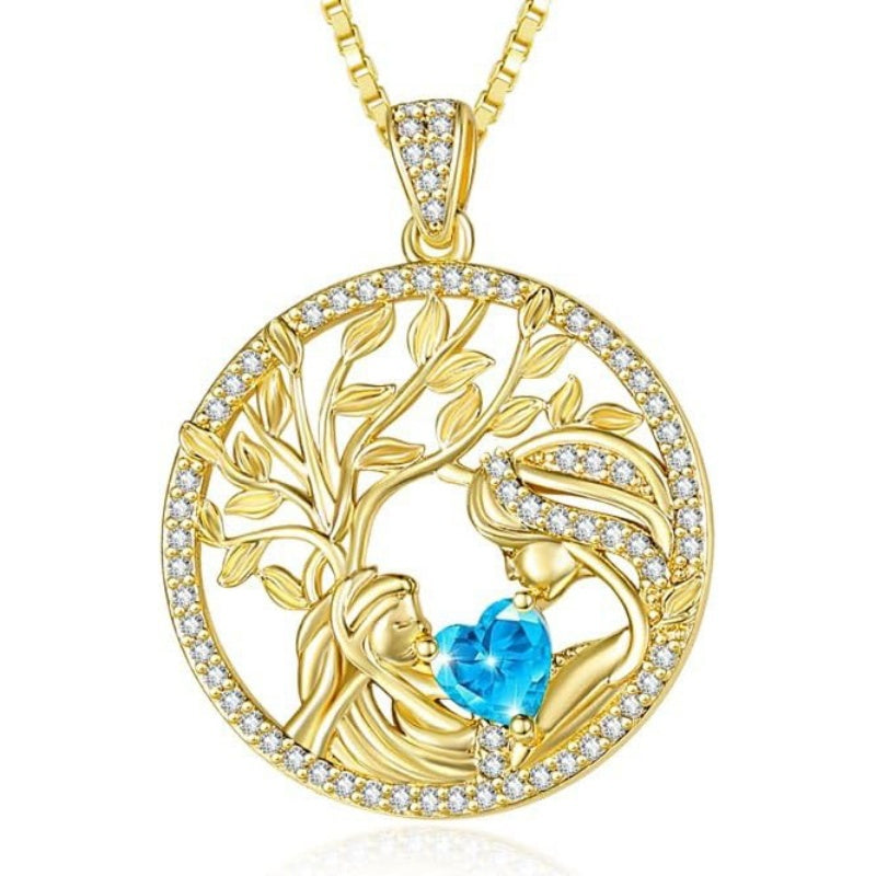 14K Gold Plated Birthstone Tree of Life Mother Child Necklace for Women