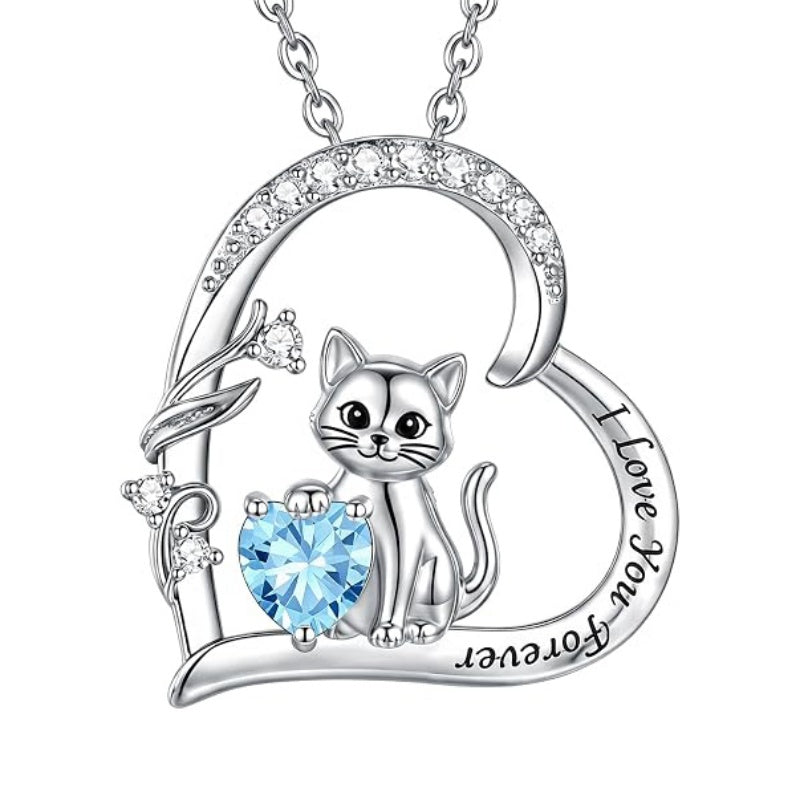 Sterling Silver Birthstone Cat Pendant Necklace Jewelry Christmas Birthday Gifts for Women