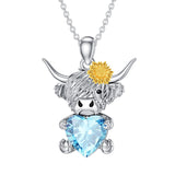 Sterling Silver Heart Birthstone Highland Cow Pendant Necklace