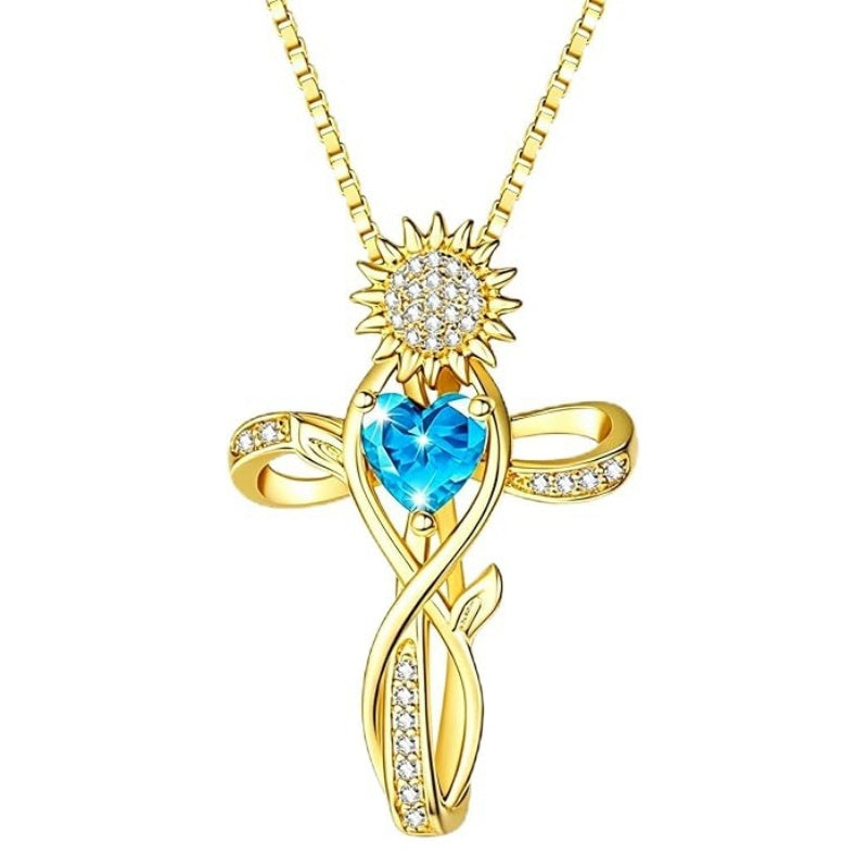 14K  Gold Plated 12 Color Birthstone Sunflower Cross Pendant  Necklace for Women Faith Cross Jewelry