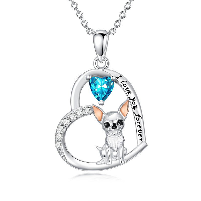 Sterling Silver 12 Month Birthstone Schnauzer Chihuahua Pitbull Pug Pendant Necklace for Women