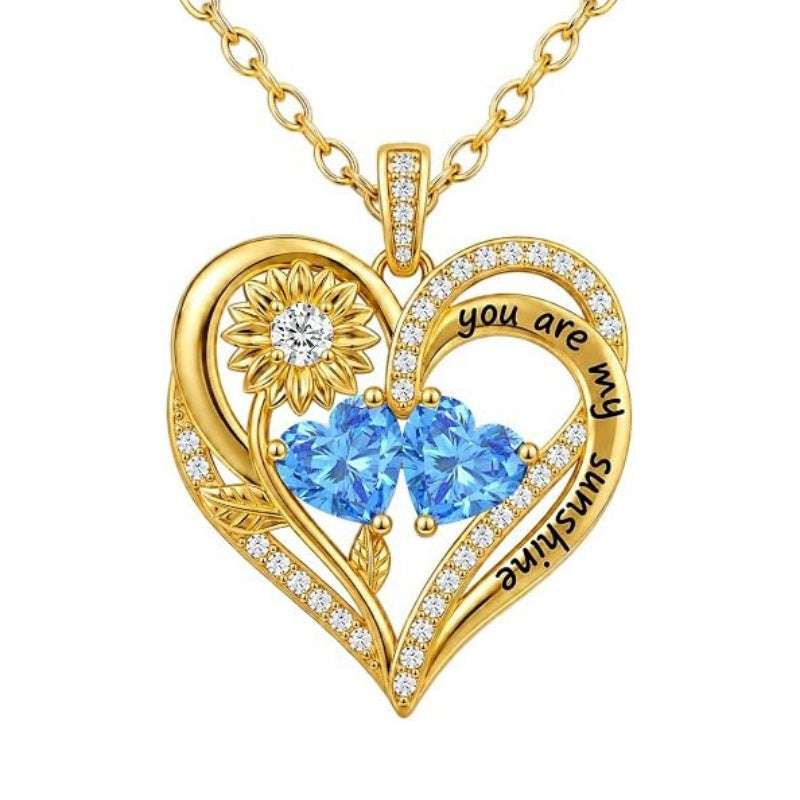 Double Birthstone Necklace 14K Gold Plated You Are My Sunshine Sunflower Necklace Heart Pendant Necklace
