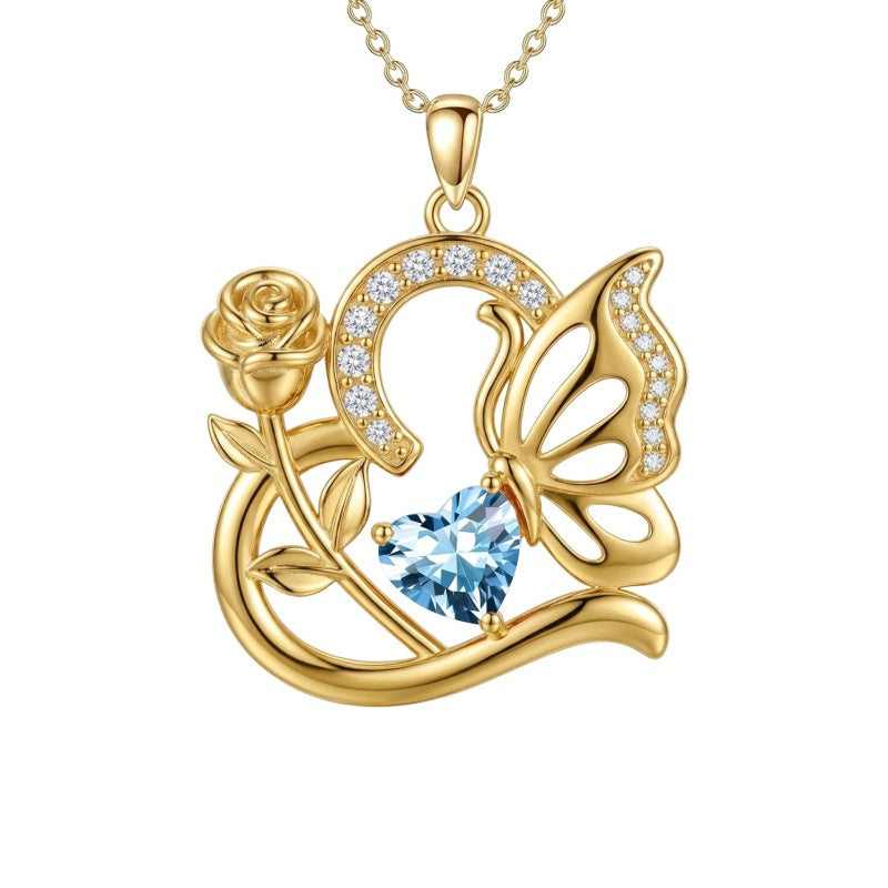 14K Gold Plated Heart Birthstone Rose Mom Butterfly Pendant Necklace for Women