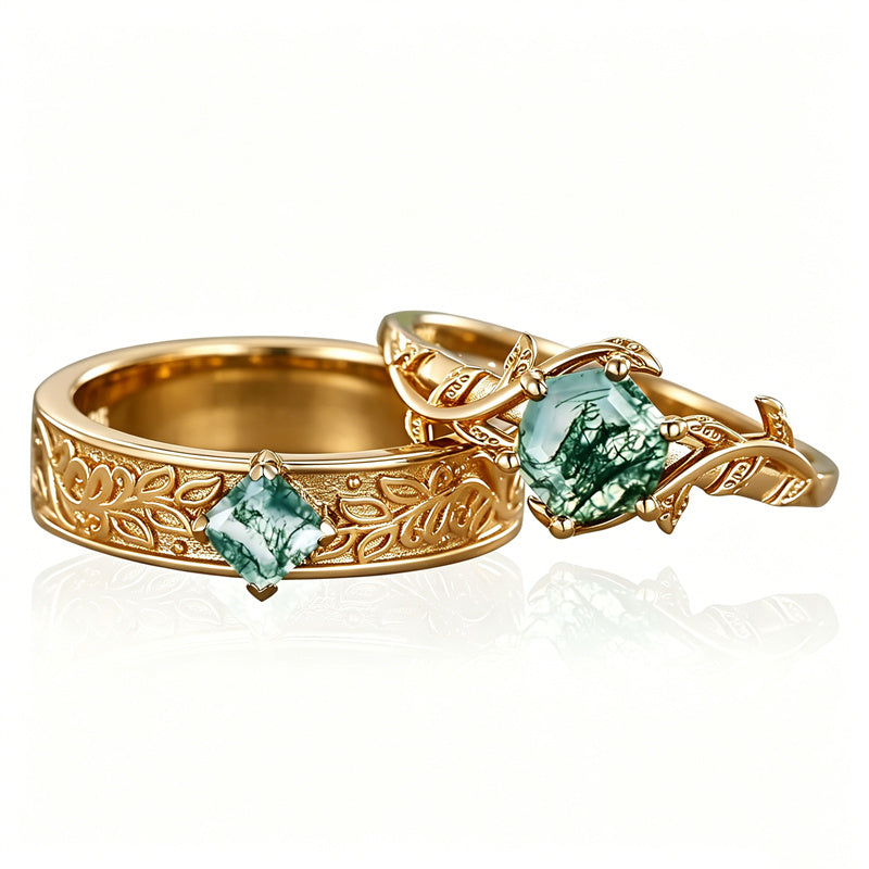 Sterling Silver 10K 14K 18K Gold Natural Leaf  Moss Agate Engagement Anniversary Couple Ring Sets