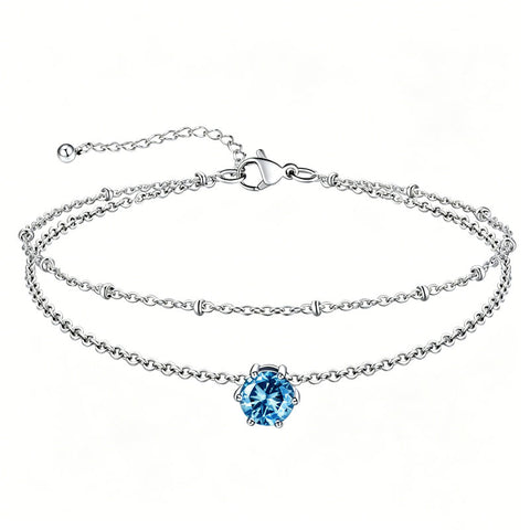 Sterling Silver  Round Birthstone Double Layer Charm Anklet