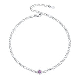 Figaro Anklets for Women, Sterling Silver Diamond Cut 3mm Link Chain Ankle Bracelet with Round Birthstone, Length 8.5"-10.5"