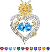 Sterling Silver Double Heart Birthstone Sunflower Necklace Engraved with You Are My Sunshine