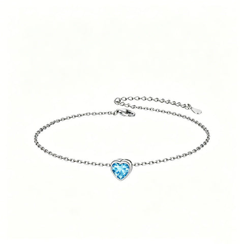 Sterling Silver Simple Dainty Round Heart Birthstone Single Layer Charm Anklet