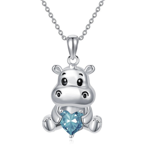 Sterling Silver Birthstone Hippo Pendant Necklace Birthday Christmas Gift