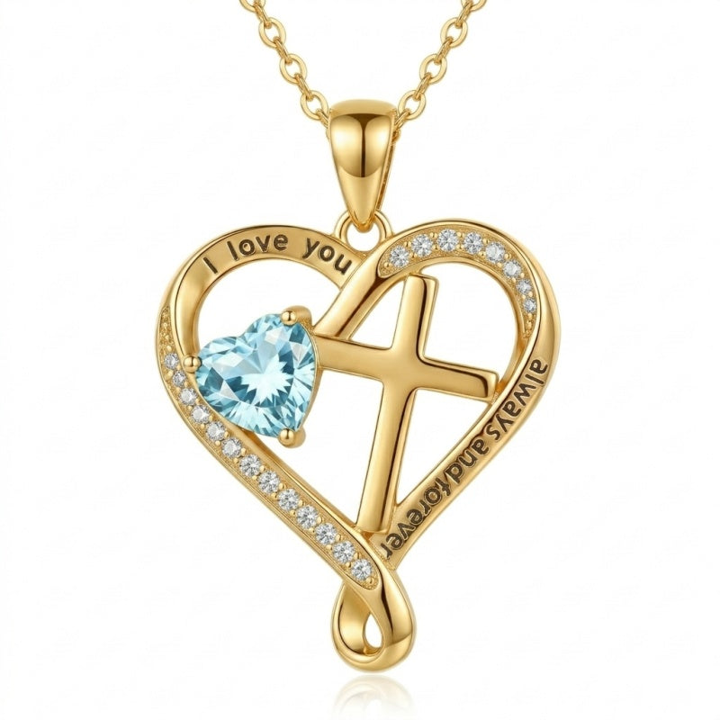 14K Gold Plated Heart  Birthstone Cross Necklace Engraved with I Love You Always and Forever