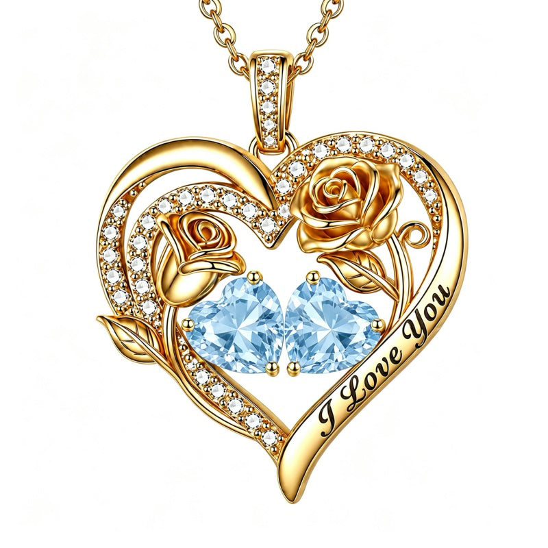 14K Gold Plated Double Heart Birthstone Rose Pendant Necklace for Women