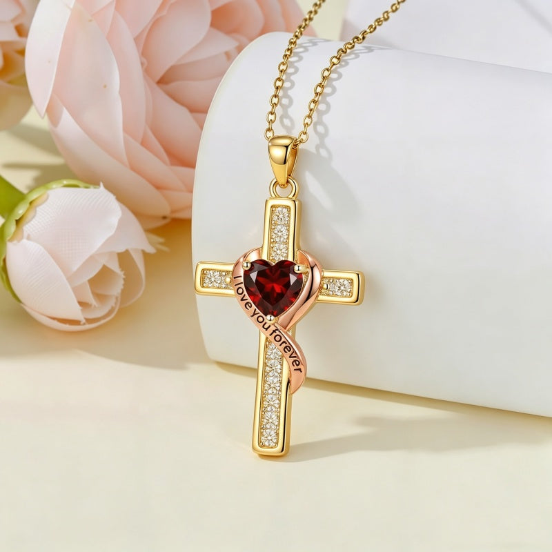 14K Gold Plated  Birthstone Cross Necklace Engraved I Love You Forever