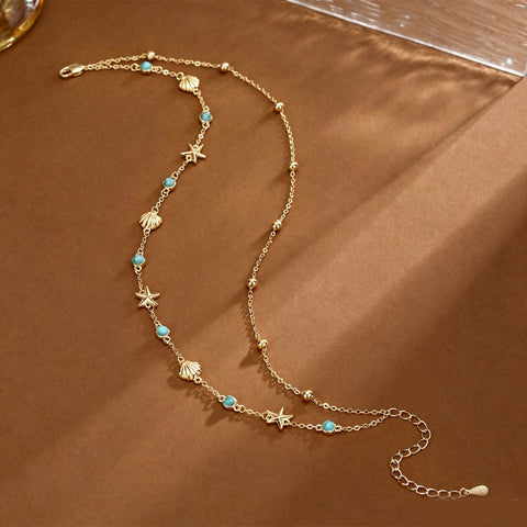 14K Gold Plated Turquoise Turtle Starfish Ocean Double Layered Anklet