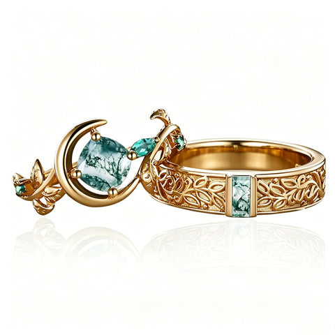 Sterling Silver 10K 14K 18K Gold Natural Leaf  Moss Agate Engagement Anniversary Couple Ring Sets