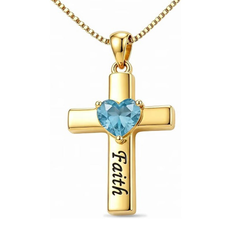 14K Gold Plated Heart Birthstone Cross Necklace for Women Engraved with Faith